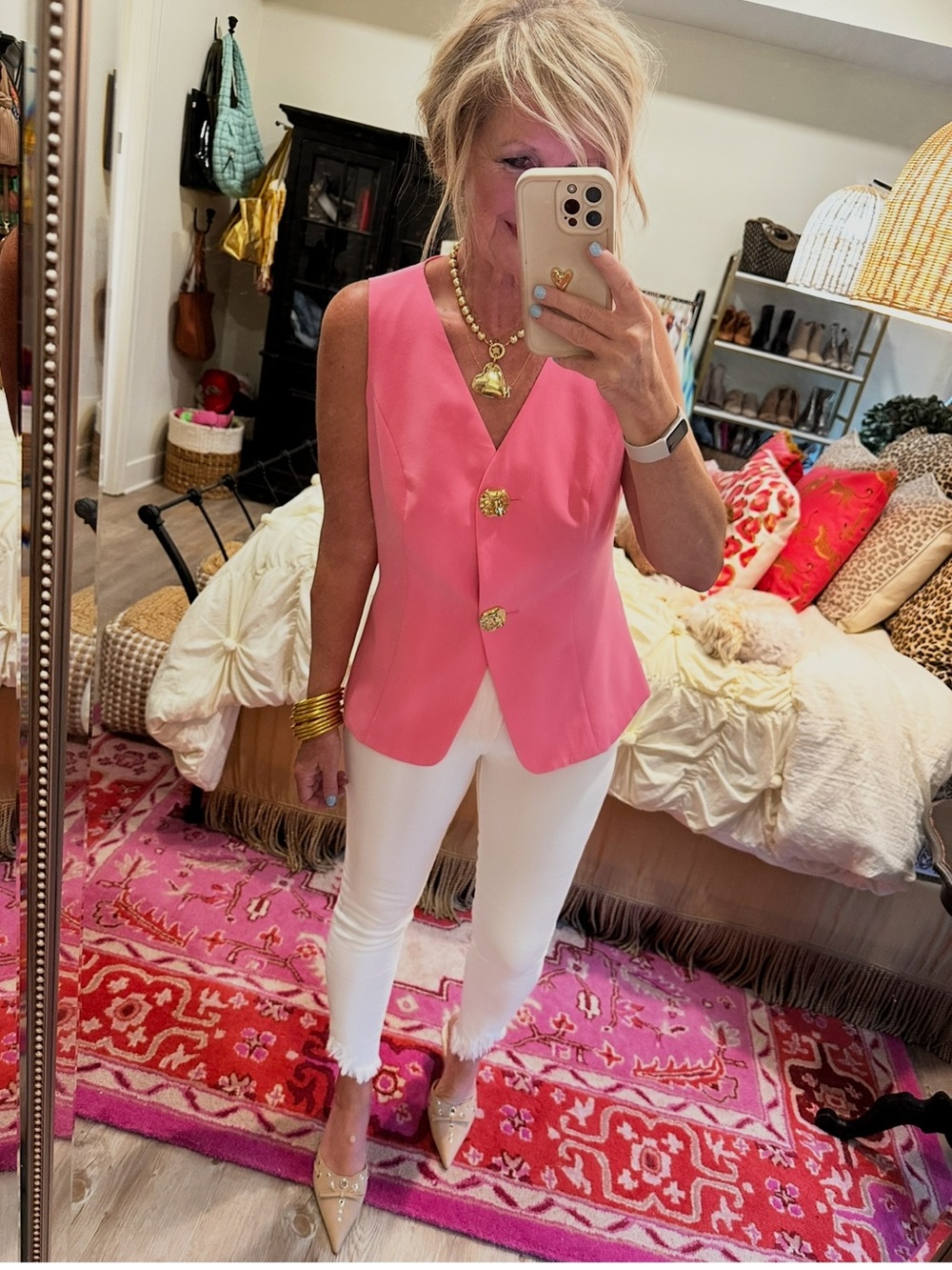 Women’s Pink Vest with Gold Buttons